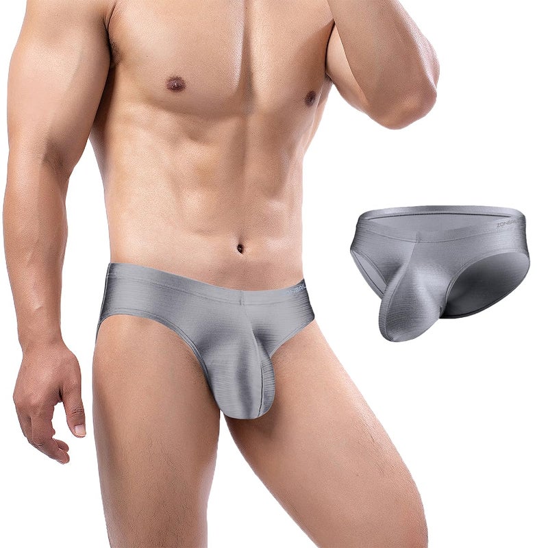 ZONBAILON Mens Sexy Bulge Enhancing Briefs Underwear Low Rise Ice Silk Big Ball Pouch Underpants Grey M - Image 1
